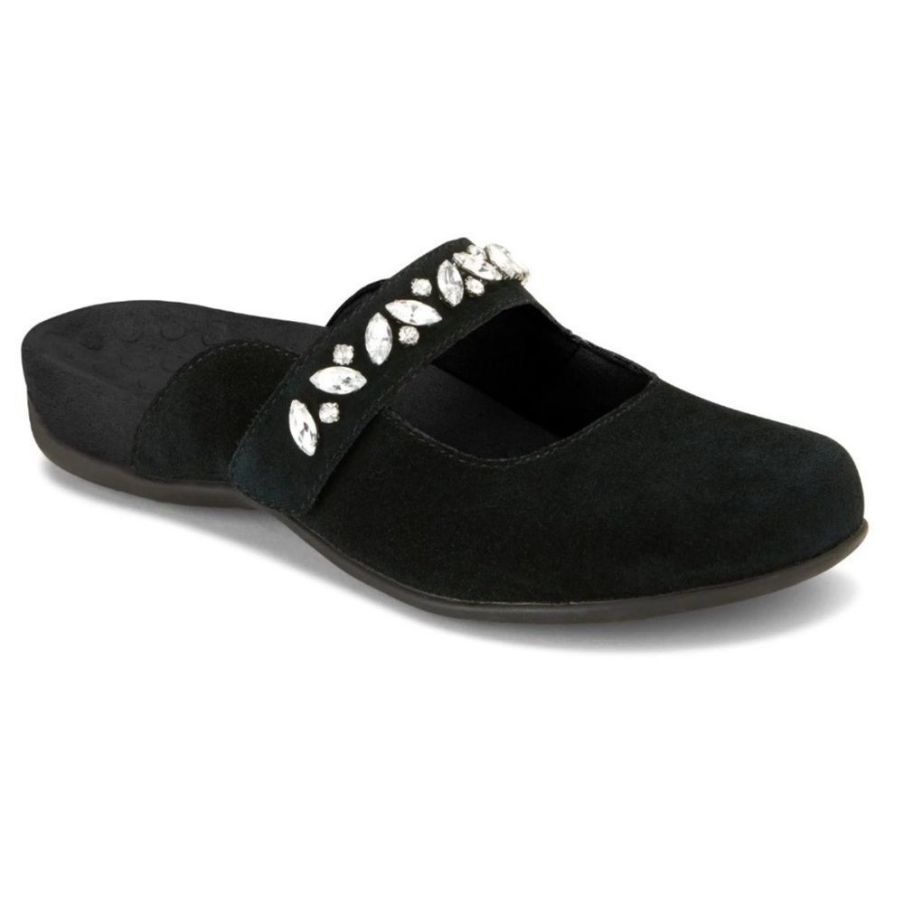 Vionic Shoes Jenelle Clogs Black Suede Mary Jane Mule Slip On Rhinestone Size 6